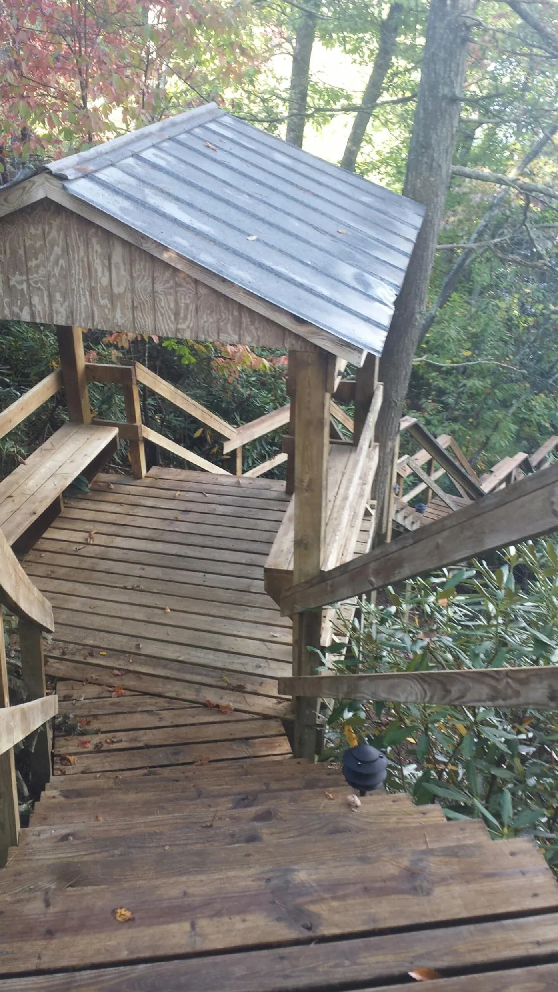 Metal roofed shelter over wooden steps on a wooded walkway — Skylight Repair & Installation work by our crew in Excelsior Springs